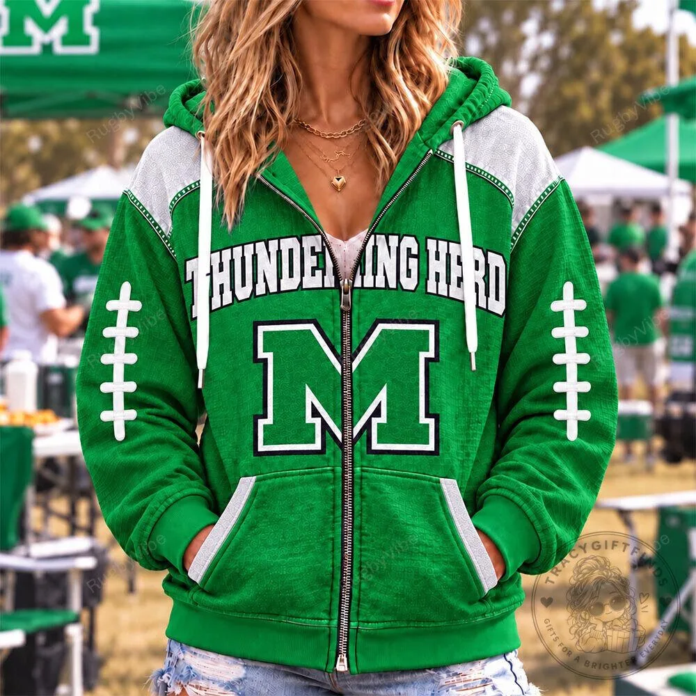 Marshall Thundering Herd Football Team Green Full Zip Hoodie