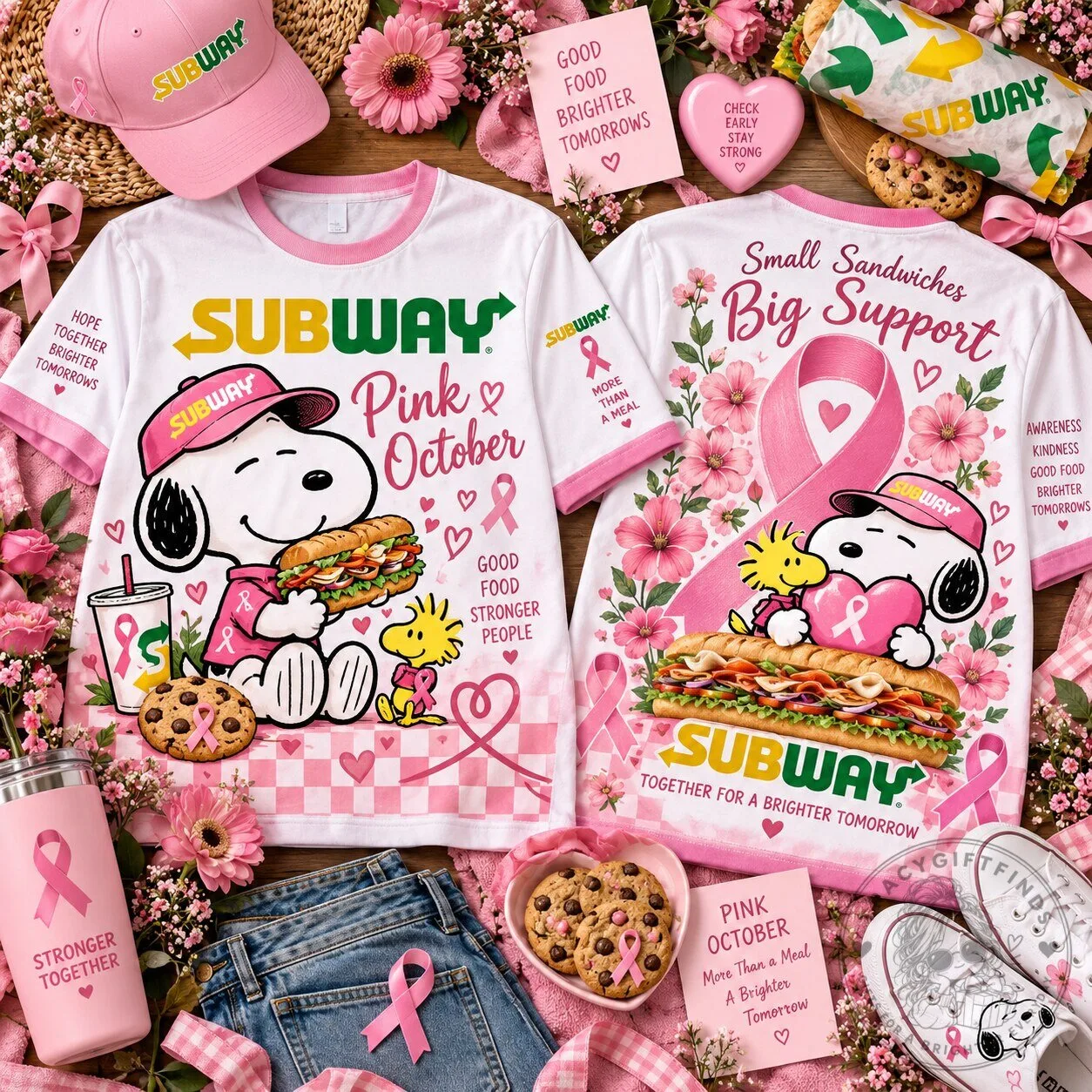 Snoopy Subway Pink October Breast Cancer Awareness T-Shirt