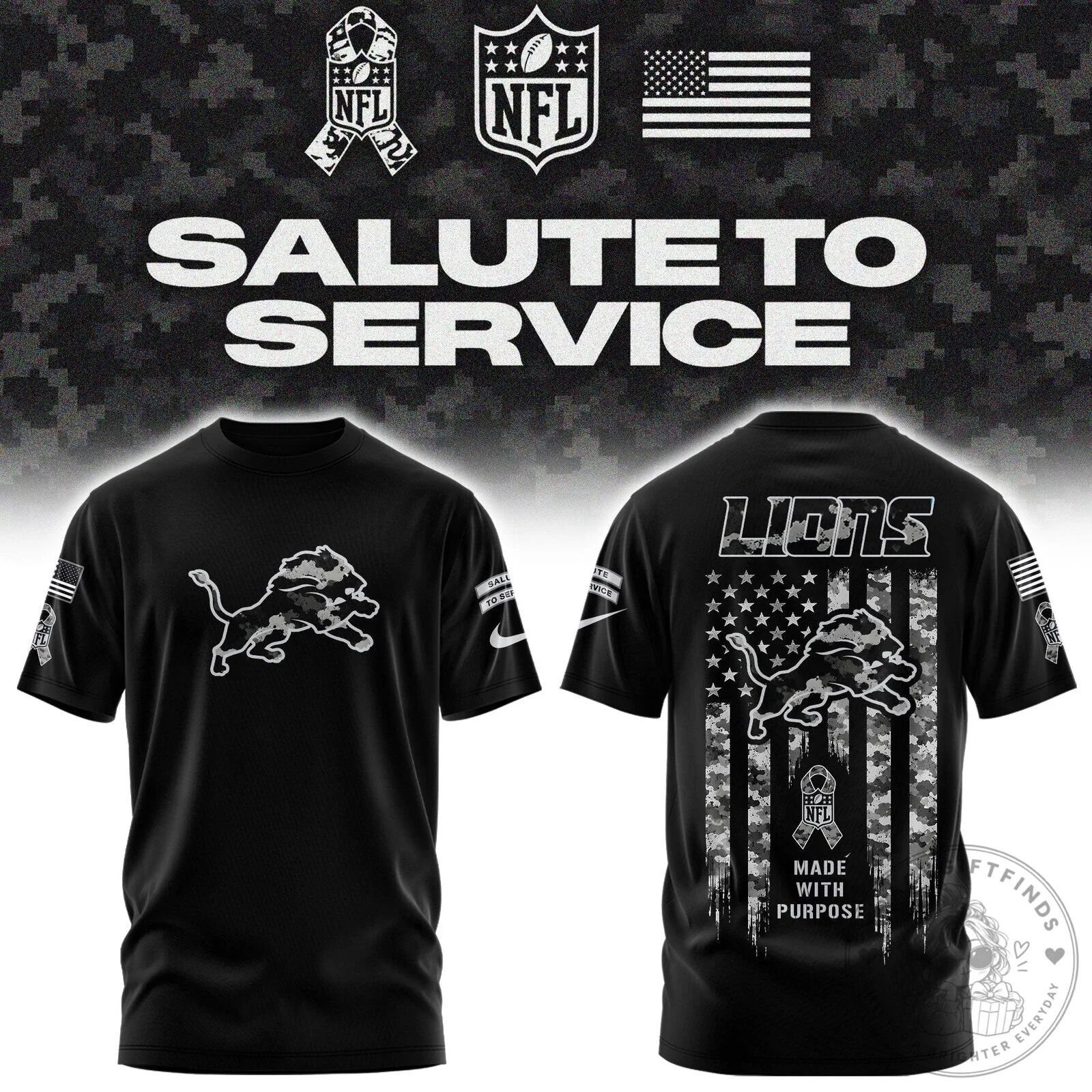 Detroit Lions Salute To Service American Flag Camouflage Black T-Shirt
