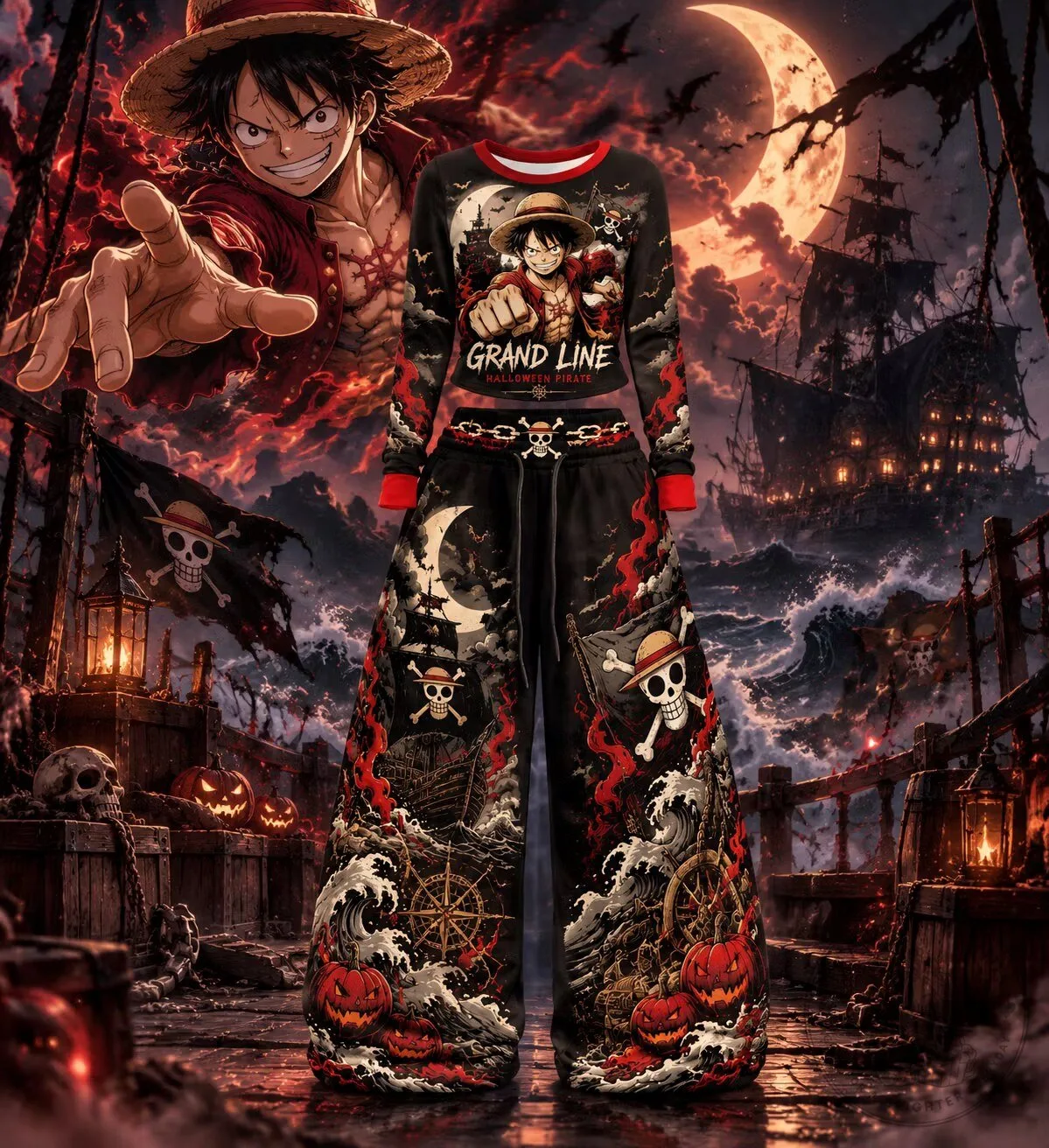 One Piece Monkey D. Luffy Halloween Pirate Long-Sleeve Shirt and Pants Set
