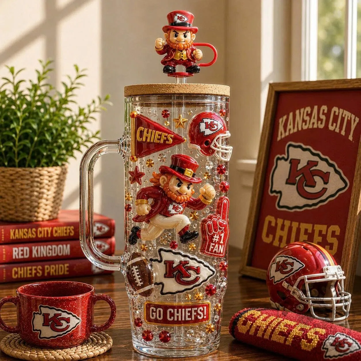 Kansas City Chiefs Football Team Glass Tumbler with Handle and Straw