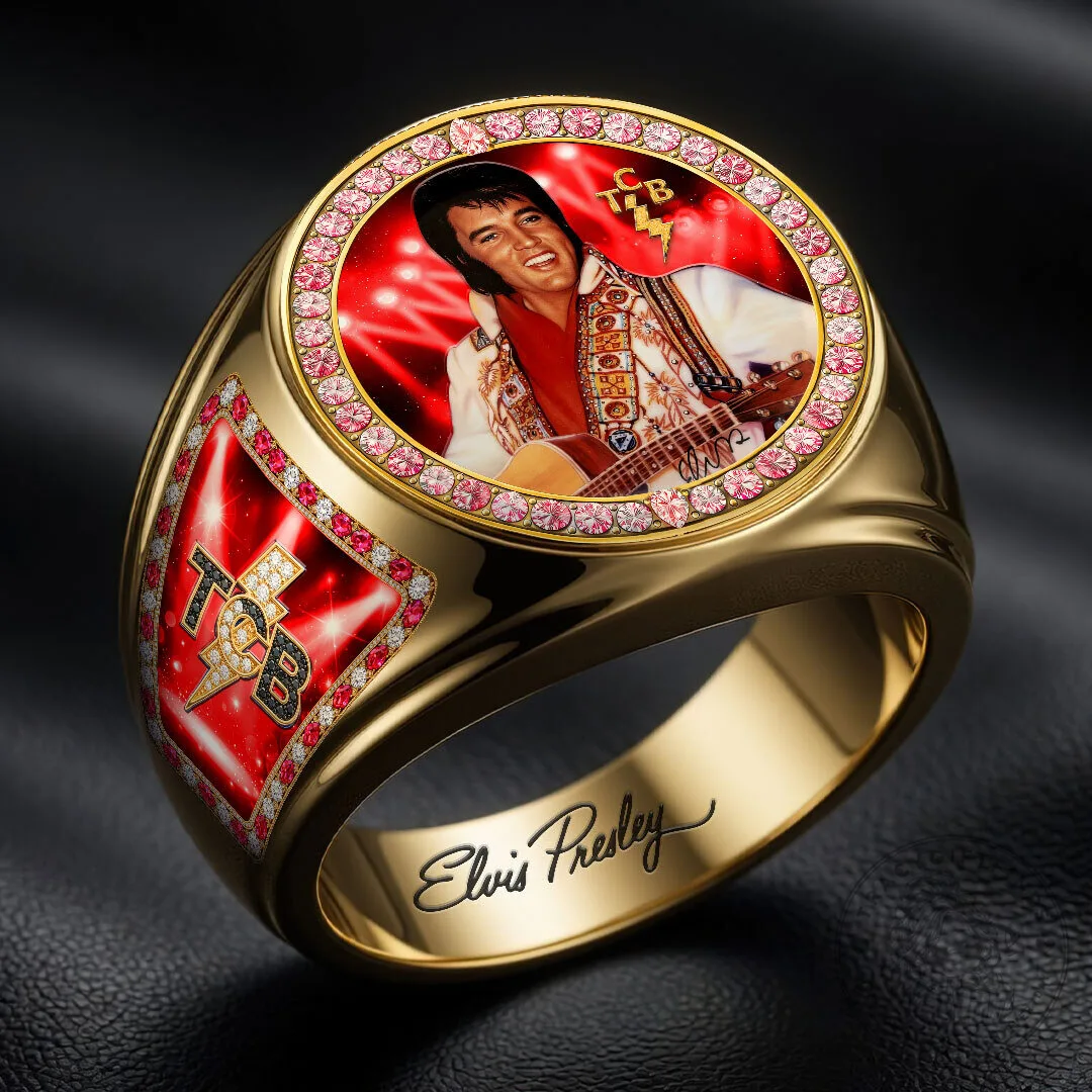 Elvis Presley Taking Care of Business Gold Ring with Gemstones
