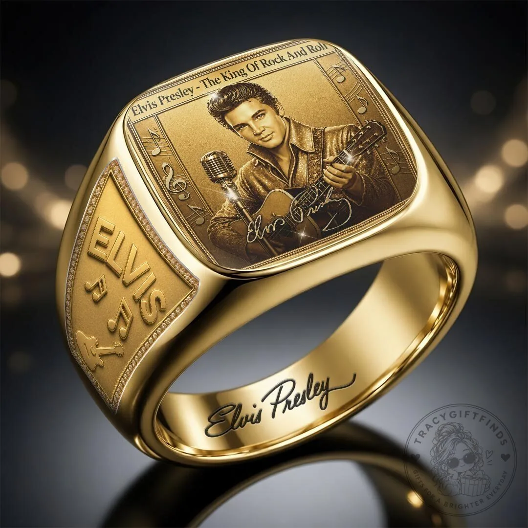 Gold Engraved Ring featuring Elvis Presley, The King of Rock and Roll 9 Gold Engraved Ring featuring Elvis Presley, The King of Rock and Roll