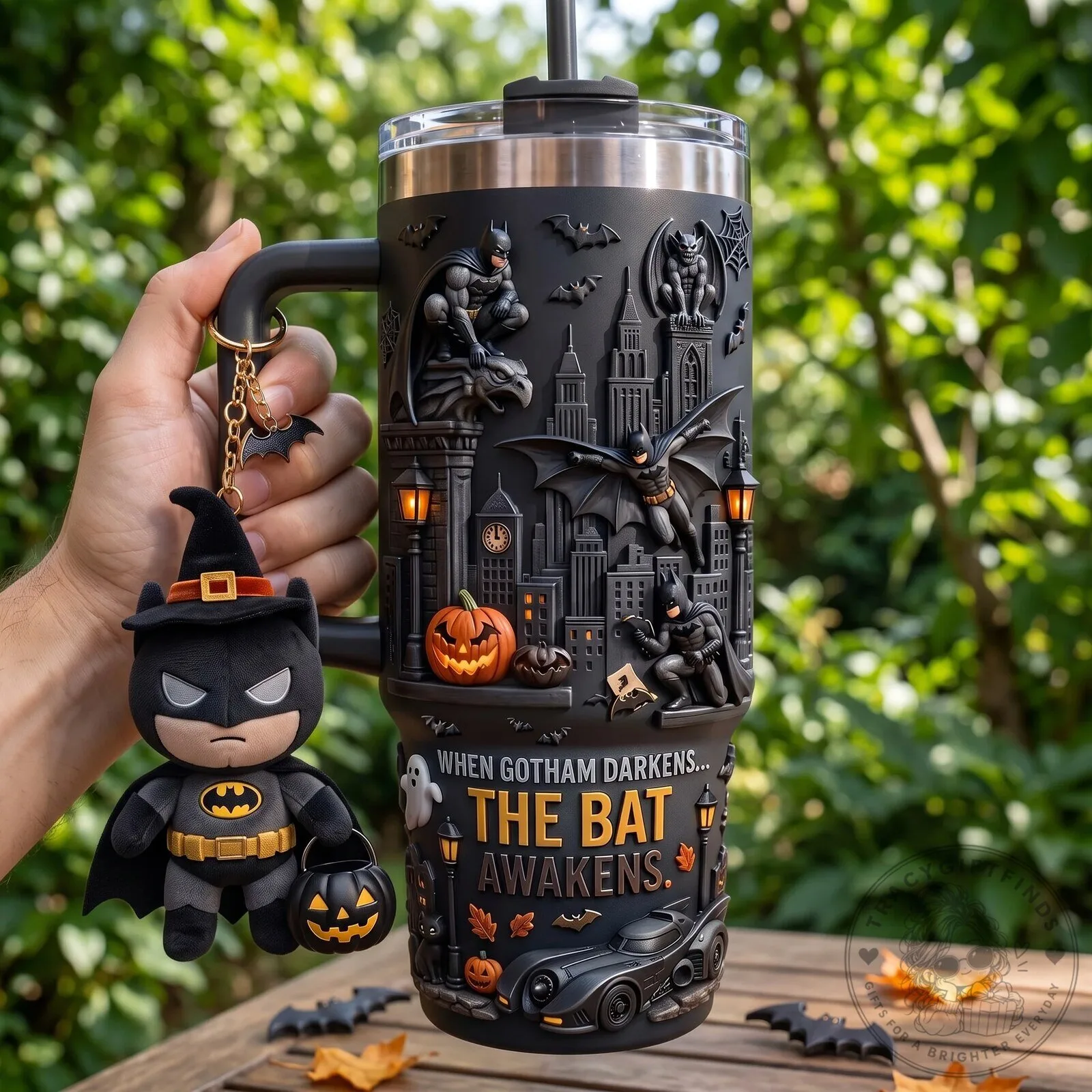 Batman Halloween Gotham City Embossed Stainless Steel Insulated Tumbler with Handle