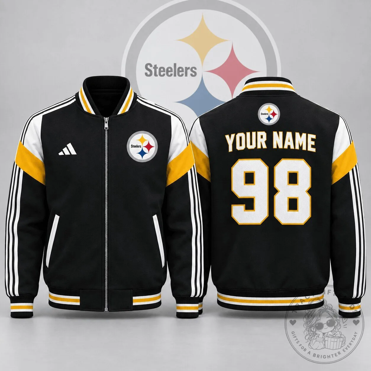 Pittsburgh Steelers Custom Name and Number Black and Gold Bomber Jacket