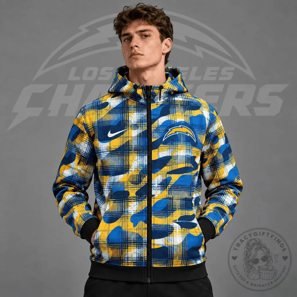 Los Angeles Chargers Plaid Camouflage Full Zip Hoodie Los Angeles Chargers Plaid Camouflage Full Zip Hoodie