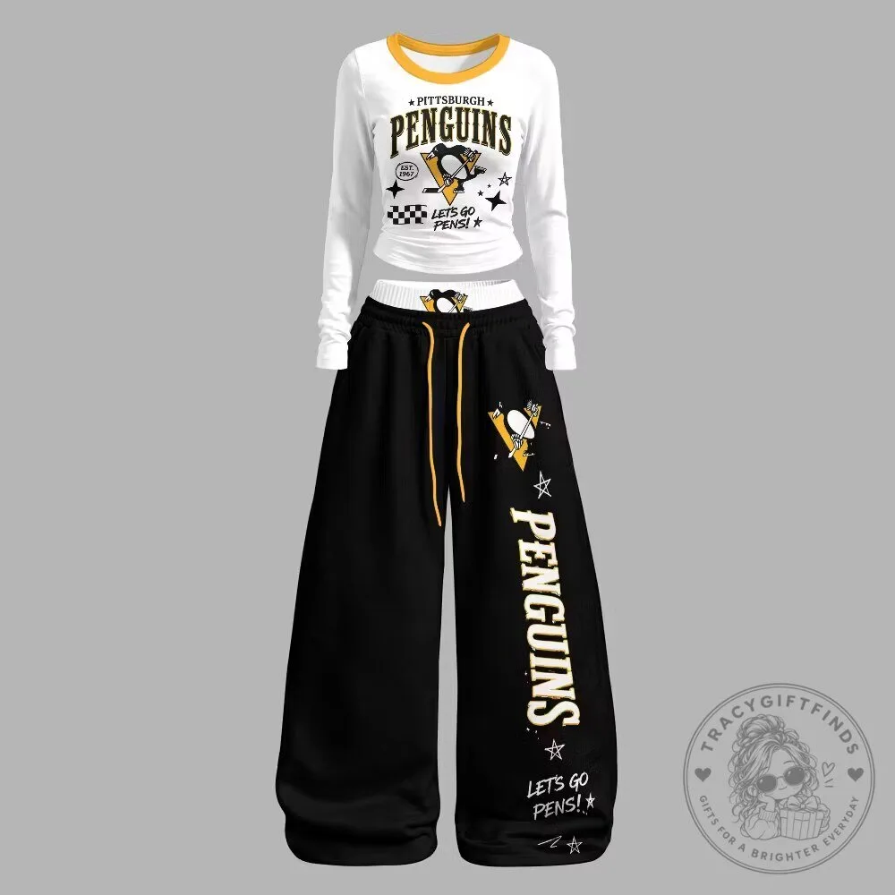 Pittsburgh Penguins Women's Long-Sleeve Shirt and Wide Leg Pants Set 1 Pittsburgh Penguins Women's Long-Sleeve Shirt and Wide Leg Pants Set