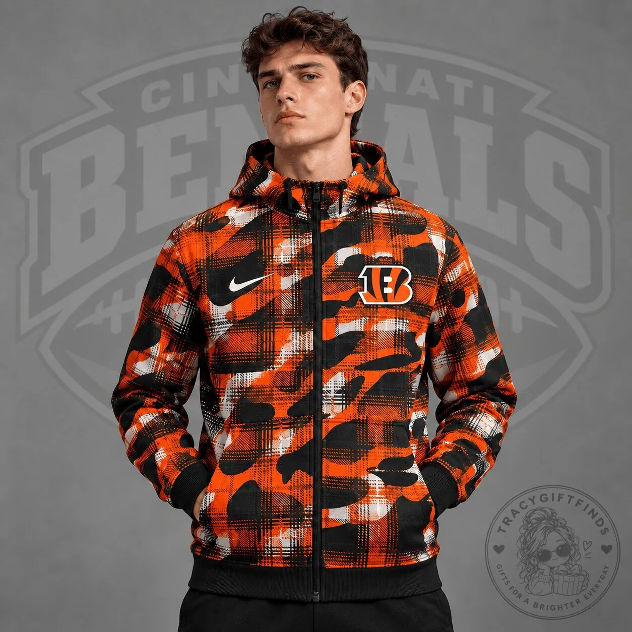 Cincinnati Bengals Nike Plaid Camouflage Full Zip Hooded Sweatshirt
