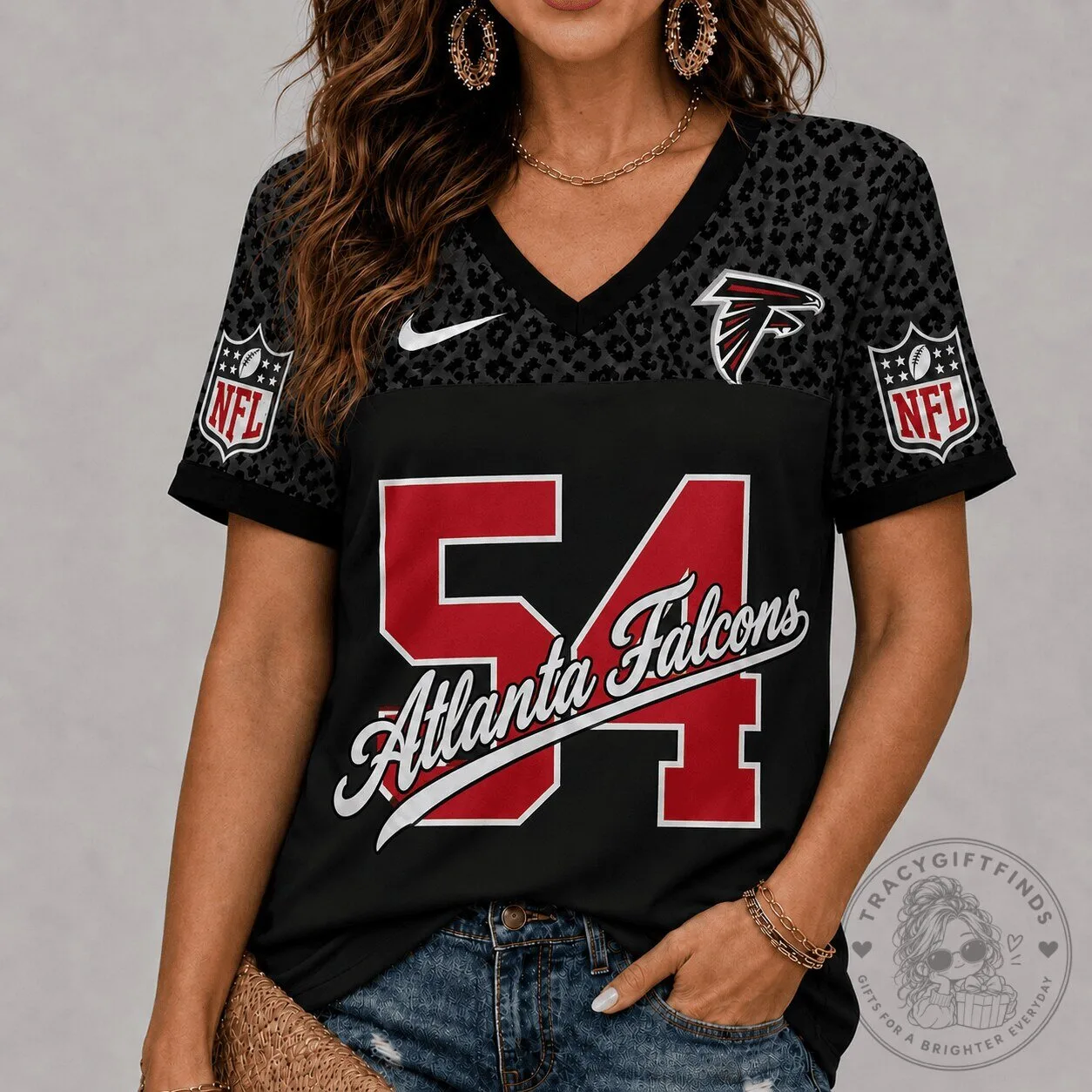 Atlanta Falcons NFL Football Team Black Leopard Print V-Neck T-Shirt