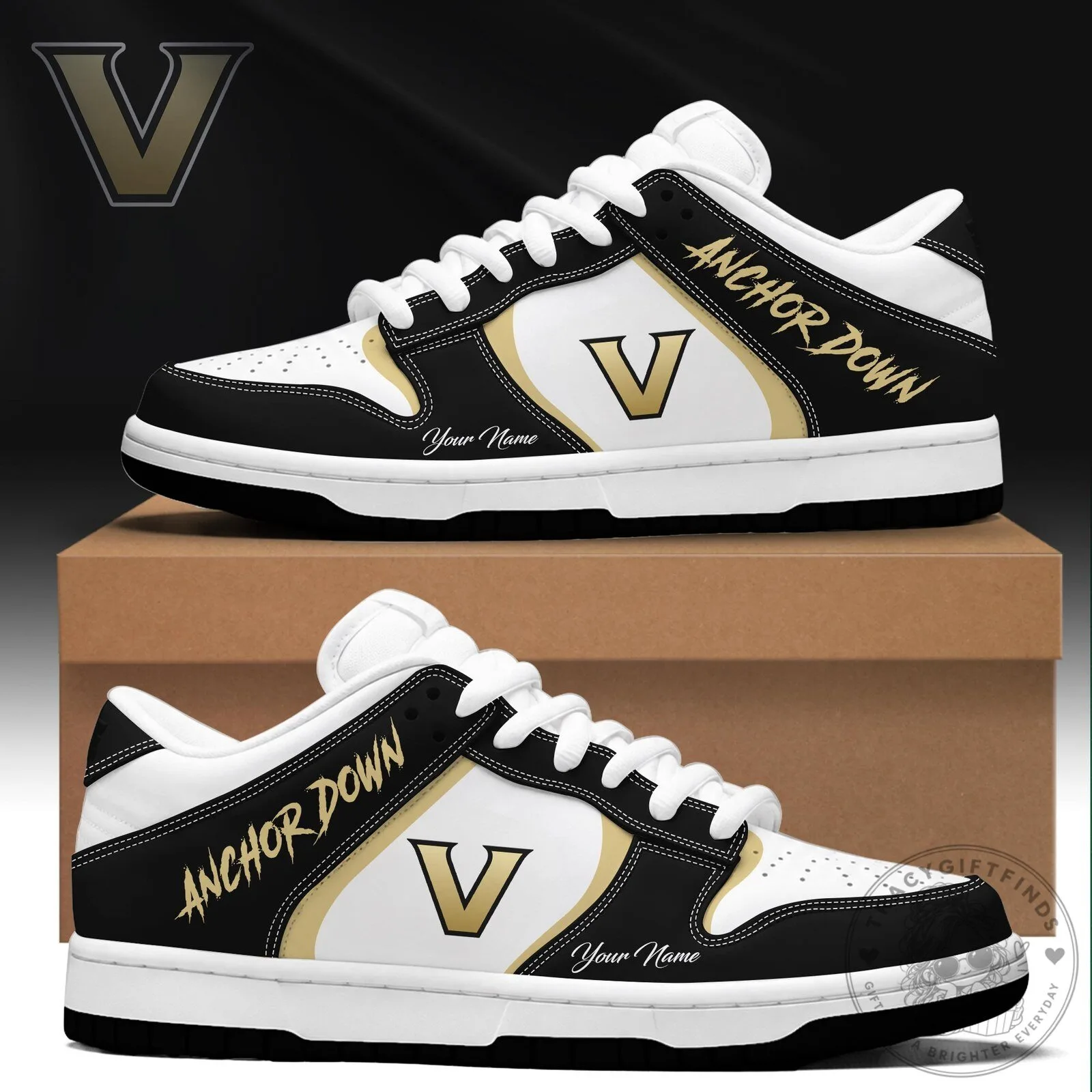 Vanderbilt Commodores Anchor Down Custom Name Black Gold White Sneakers