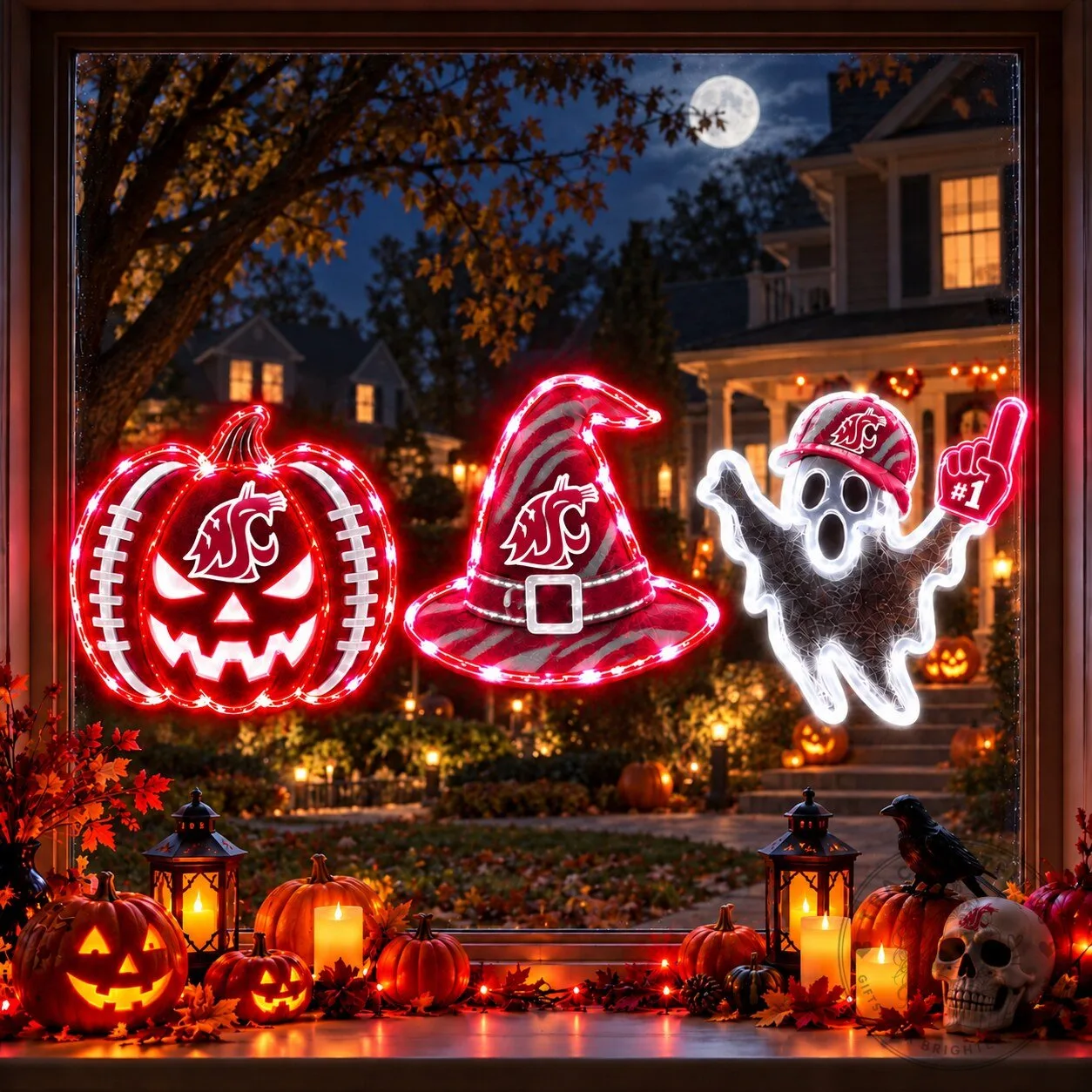 Washington State Cougars Halloween Pumpkin Ghost Witch Hat Window Lights