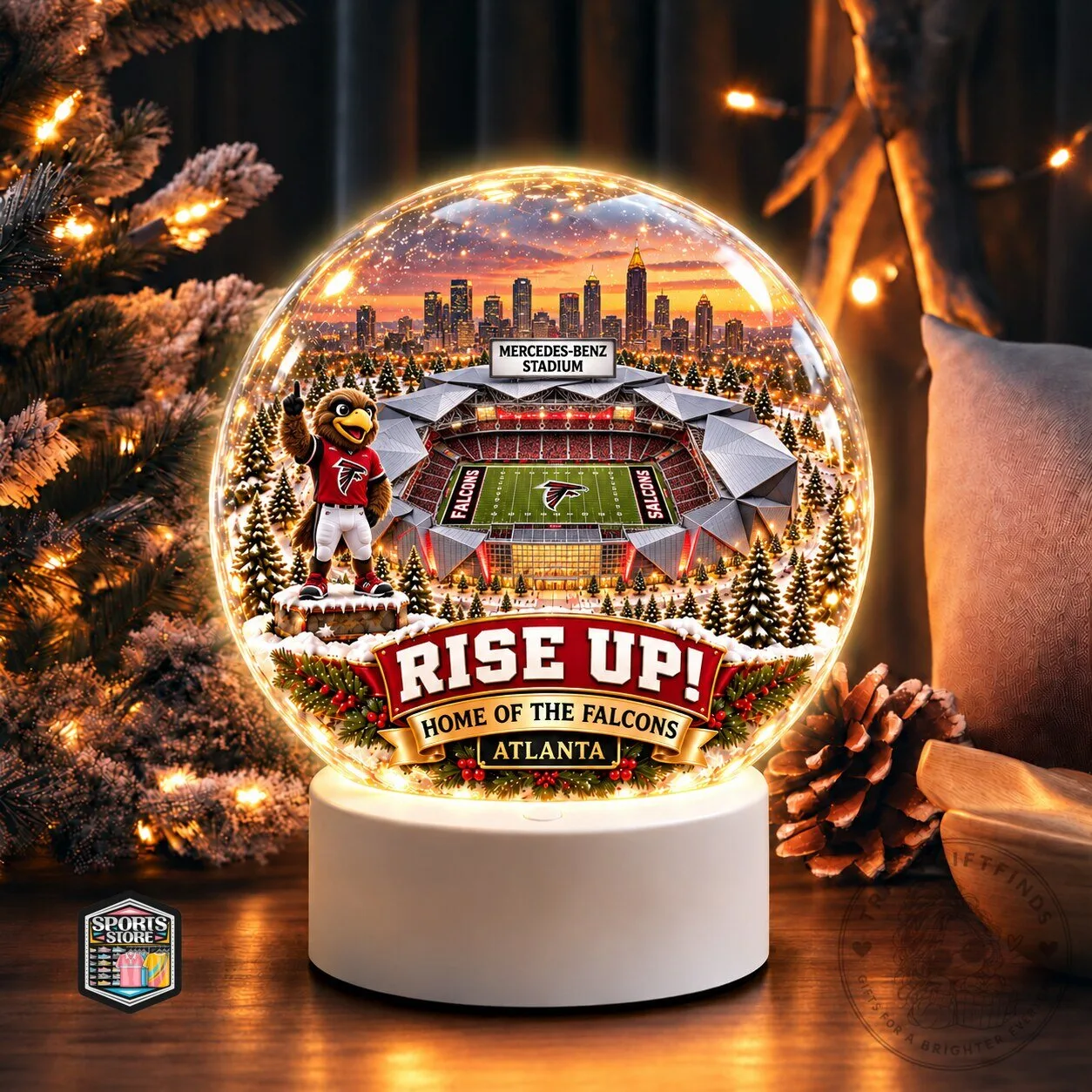 Atlanta Falcons Mercedes-Benz Stadium Rise Up Snow Globe Christmas Ornament