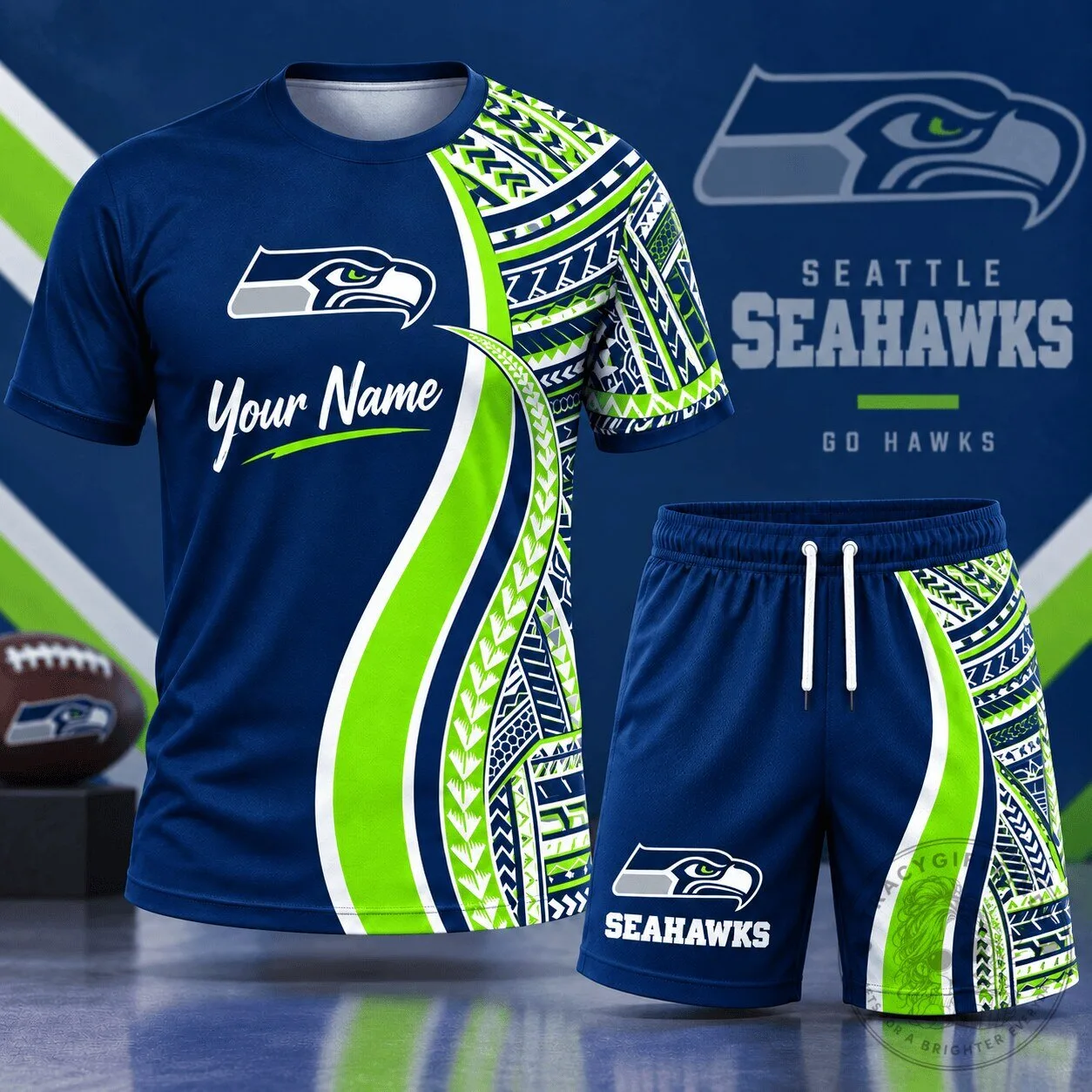 Seattle Seahawks NFL Football Custom Name Tribal Graphic T-Shirt and Shorts Set