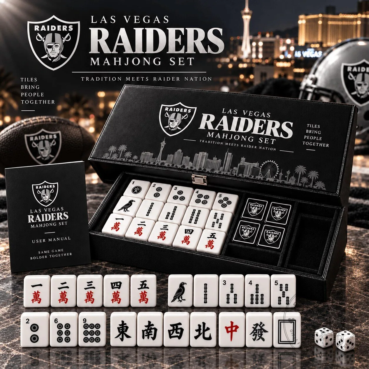 Las Vegas Raiders Mahjong Game Set with Storage Case and Dice 2 Las Vegas Raiders Mahjong Game Set with Storage Case and Dice