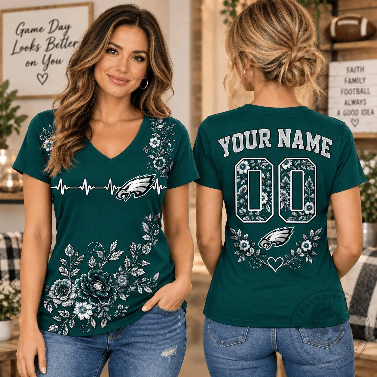 Philadelphia Eagles Fan Shirt Personalized Floral V-Neck T-Shirt