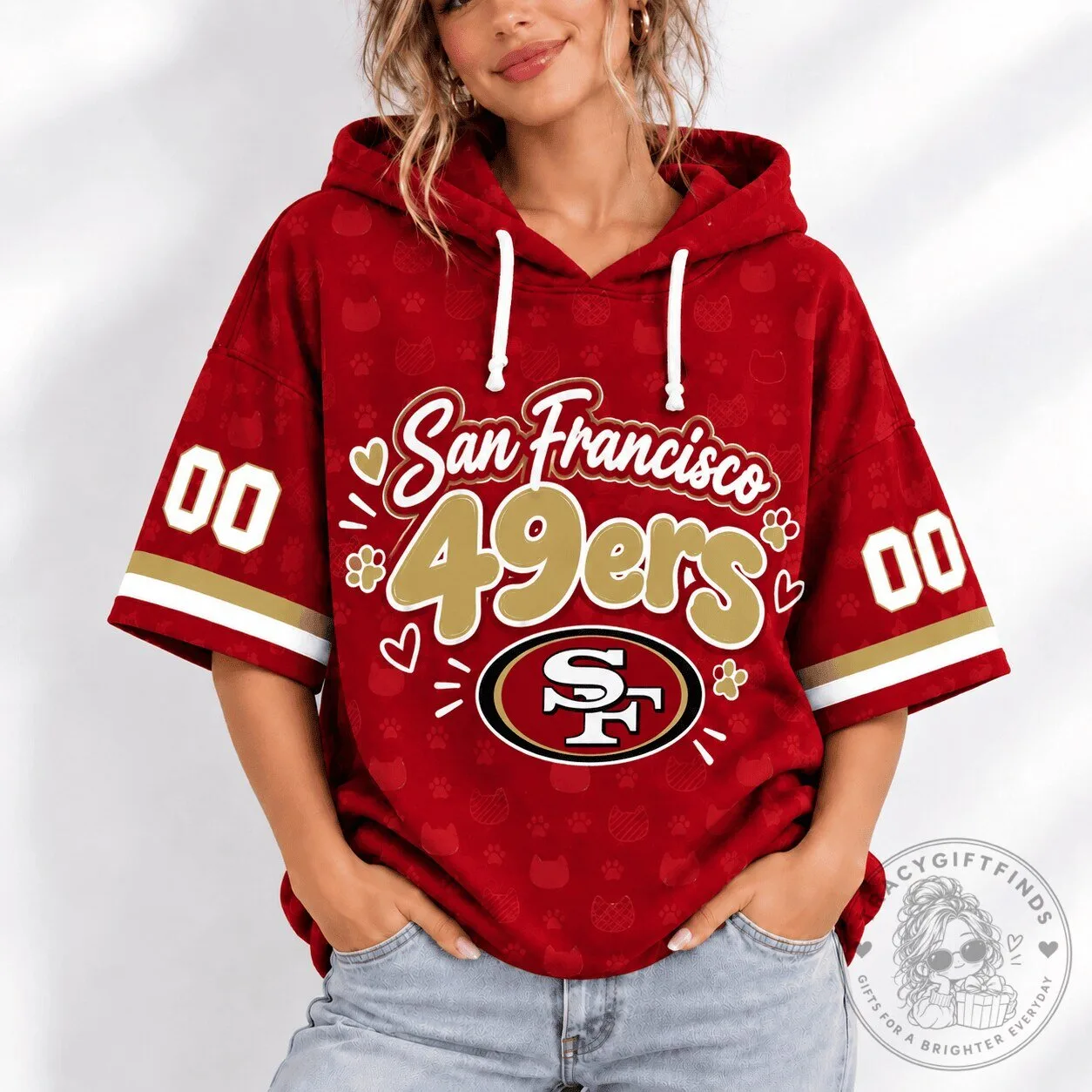 San Francisco 49ers Women's Short Sleeve Football Hoodie 2 San Francisco 49ers Women's Short Sleeve Football Hoodie