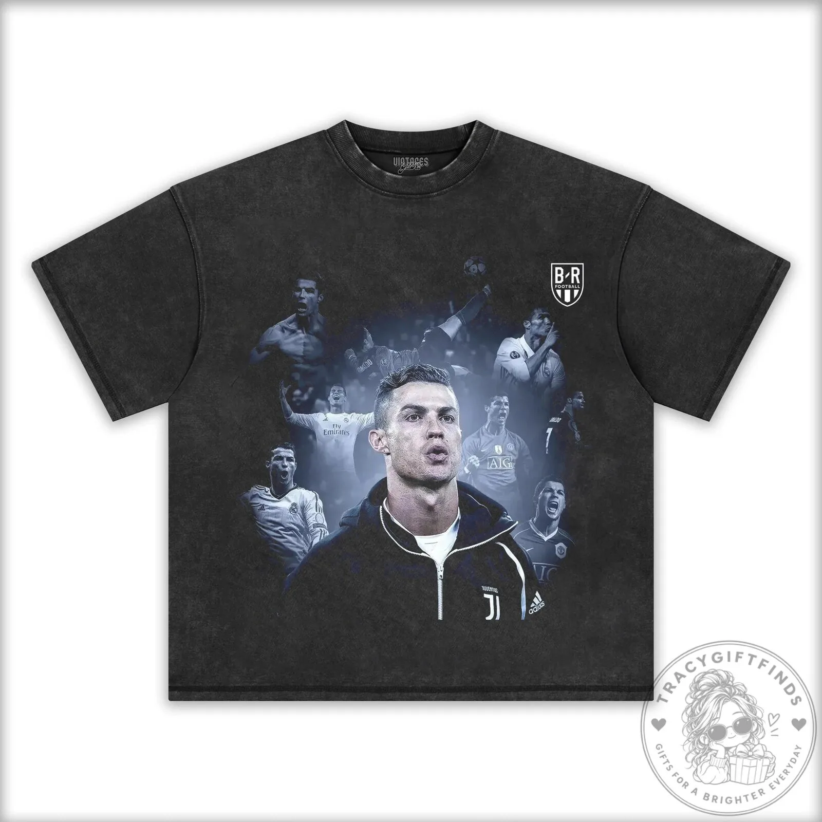 Black T-Shirt Featuring a Collage Graphic of Football Legend Cristiano Ronaldo 9 Black T-Shirt Featuring a Collage Graphic of Football Legend Cristiano Ronaldo
