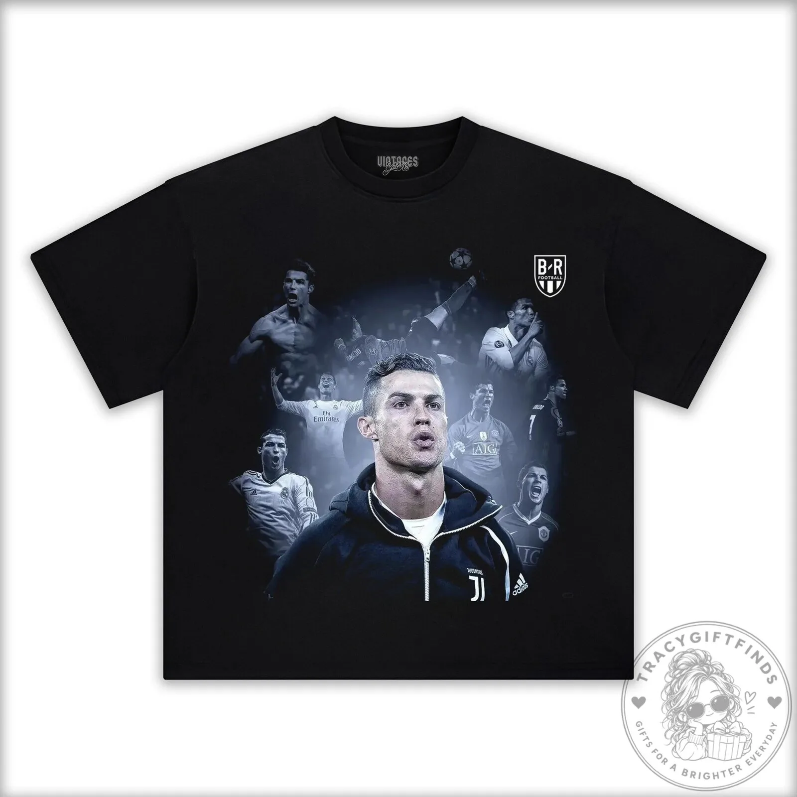 Black T-Shirt Featuring a Collage Graphic of Football Legend Cristiano Ronaldo 10 Black T-Shirt Featuring a Collage Graphic of Football Legend Cristiano Ronaldo