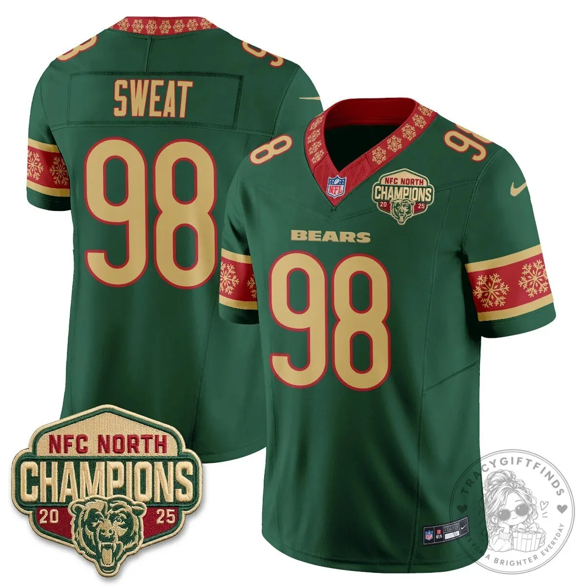 Chicago Bears NFC North Champions 2025 Christmas Edition Football Jersey 45 Chicago Bears NFC North Champions 2025 Christmas Edition Football Jersey