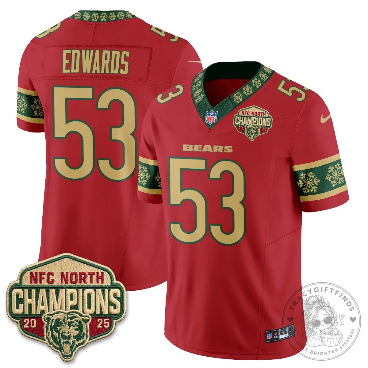 Chicago Bears NFC North Champions 2025 Christmas Edition Football Jersey 55 Chicago Bears NFC North Champions 2025 Christmas Edition Football Jersey