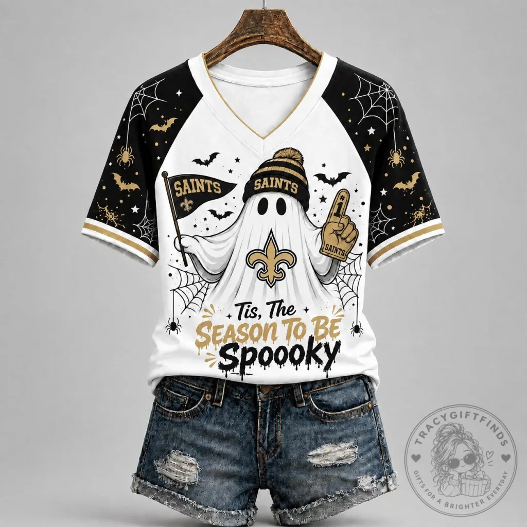New Orleans Saints Spooky Season Game Day V-Neck T-Shirt New Orleans Saints Spooky Season Game Day V-Neck T-Shirt