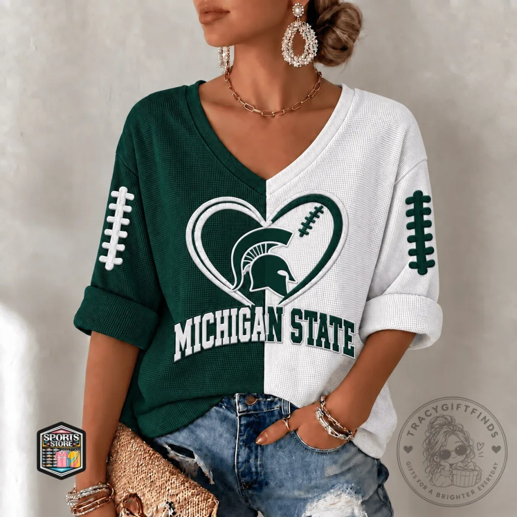 Michigan State Spartans Football Heart Logo V-Neck Long Sleeve T-Shirt Michigan State Spartans Football Heart Logo V-Neck Long Sleeve T-Shirt