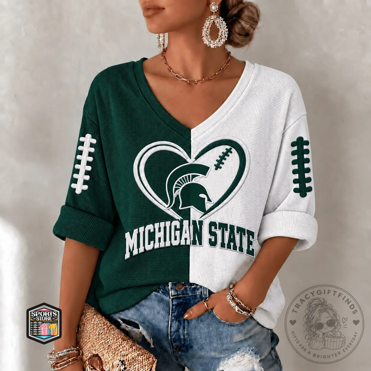 Michigan State Spartans Football Heart Logo V-Neck Long Sleeve T-Shirt 6 Michigan State Spartans Football Heart Logo V-Neck Long Sleeve T-Shirt