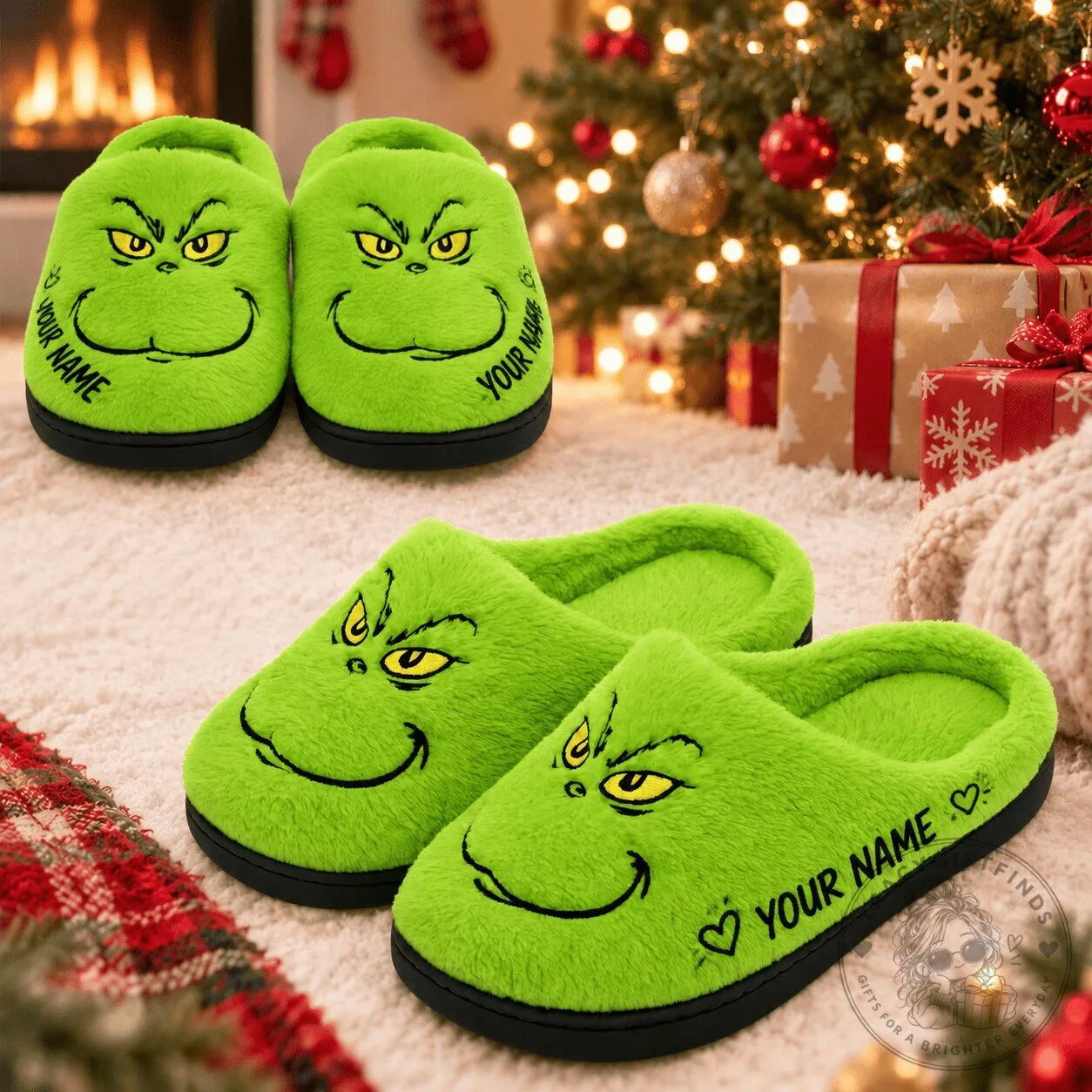 Personalized Grinch Face Christmas Holiday Slippers