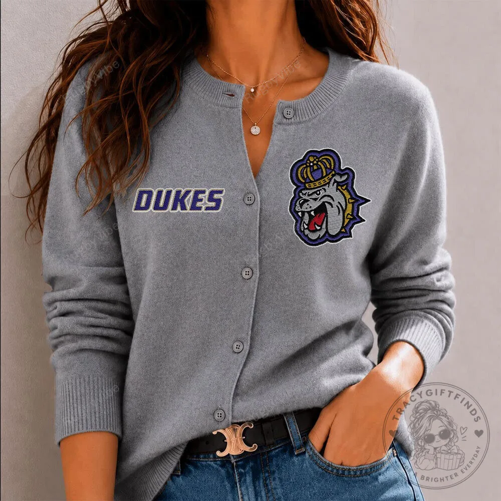James Madison Dukes Bulldog Mascot Gray Womens Cardigan Sweater