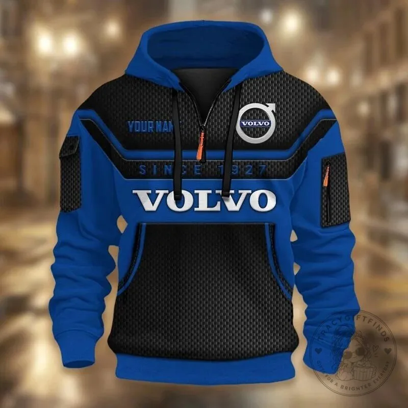 Volvo Since 1927 Custom Name Blue and Black Quarter Zip Hoodie