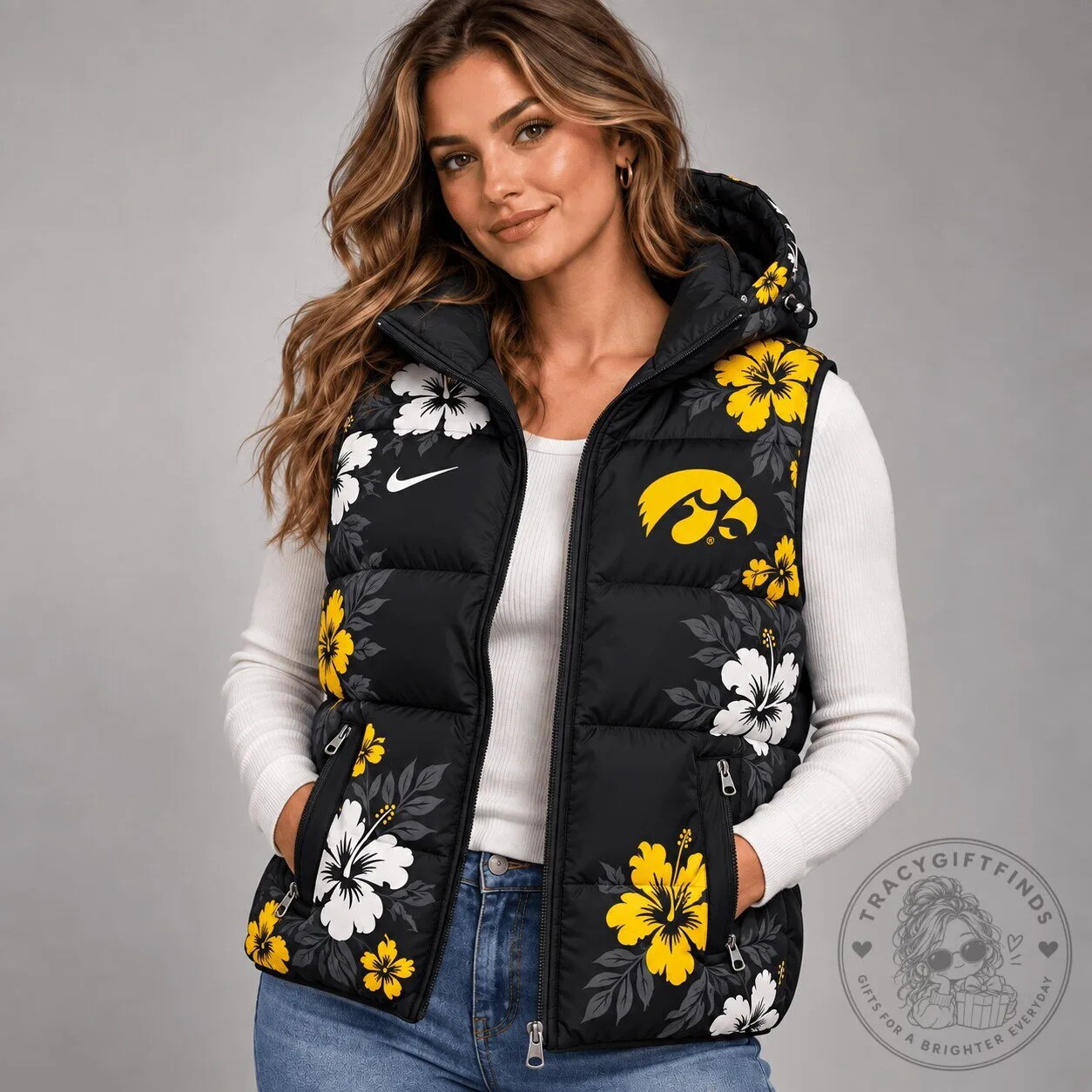 Iowa Hawkeyes NCAA Floral Puffer Vest with Hood 2 Iowa Hawkeyes NCAA Floral Puffer Vest with Hood