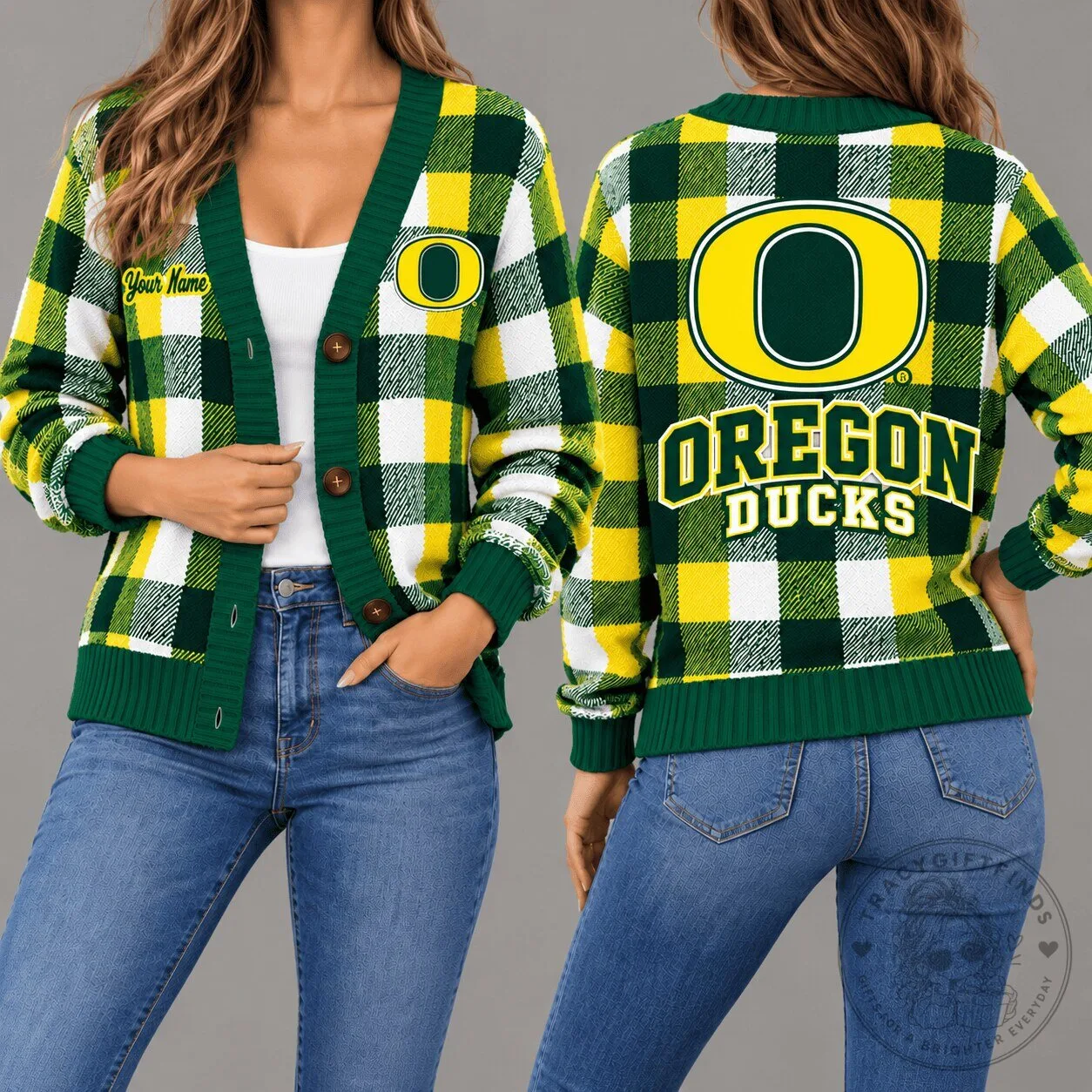 Oregon Ducks NCAA Plaid Pattern Personalized Green and Yellow Cardigan Sweater