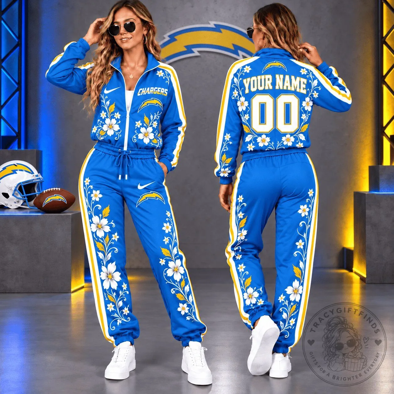 Los Angeles Chargers Floral Custom Name and Number Tracksuit Jacket and Pants Set