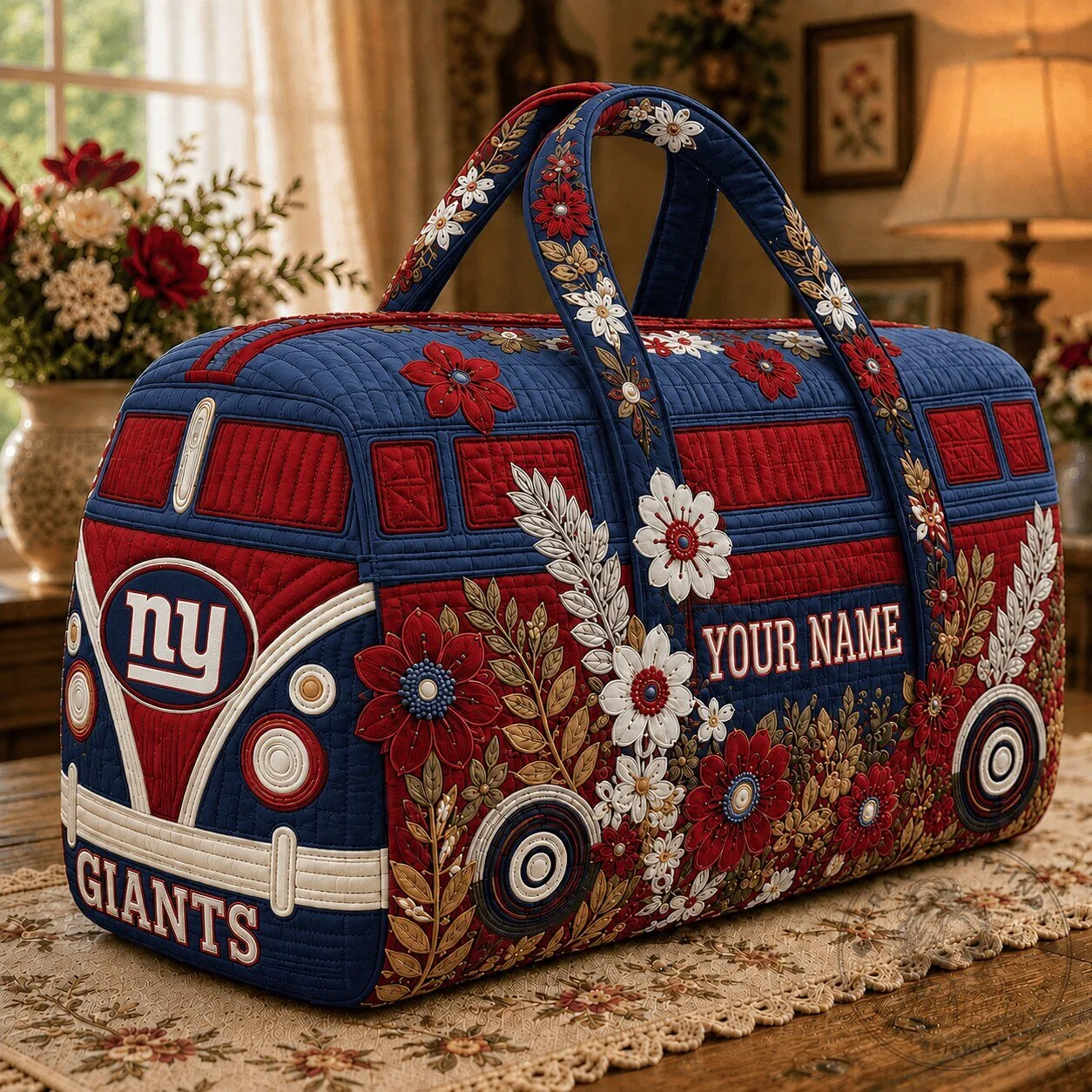 New York Giants Floral Volkswagen Bus Quilted Duffle Bag