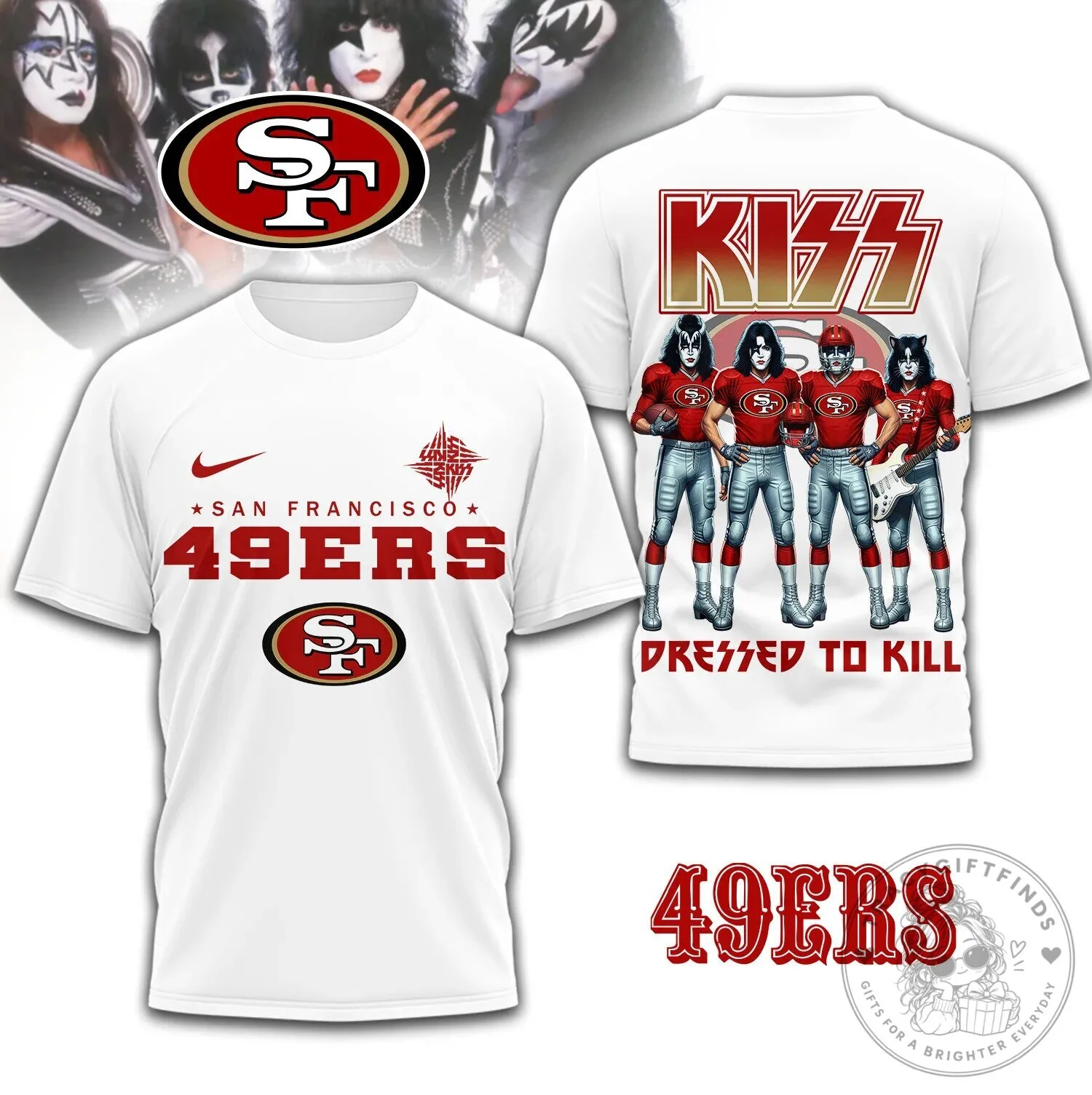 San Francisco 49ers Kiss Band Dressed to Kill Album Art White T-Shirt