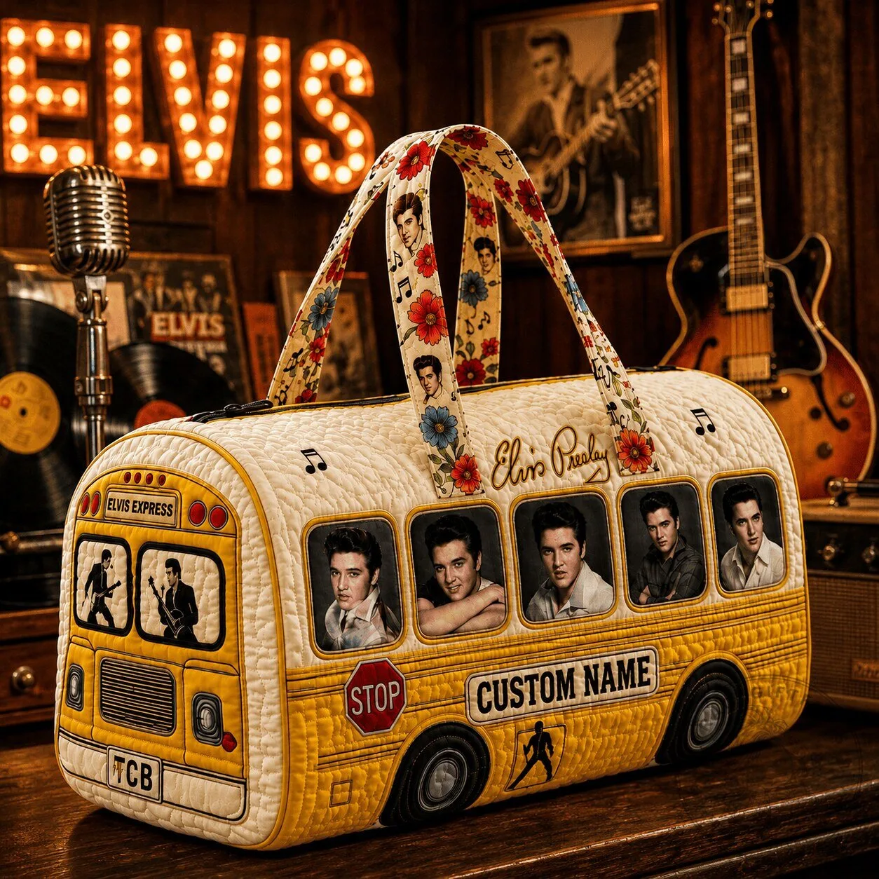Elvis Presley School Bus Design Quilted Duffle Bag for Music Fans