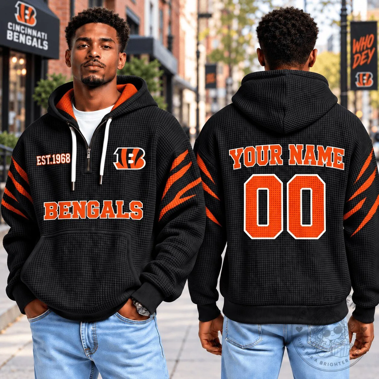 Cincinnati Bengals Custom Name Number Waffle Knit Quarter Zip Hoodie 1 Cincinnati Bengals Custom Name Number Waffle Knit Quarter Zip Hoodie