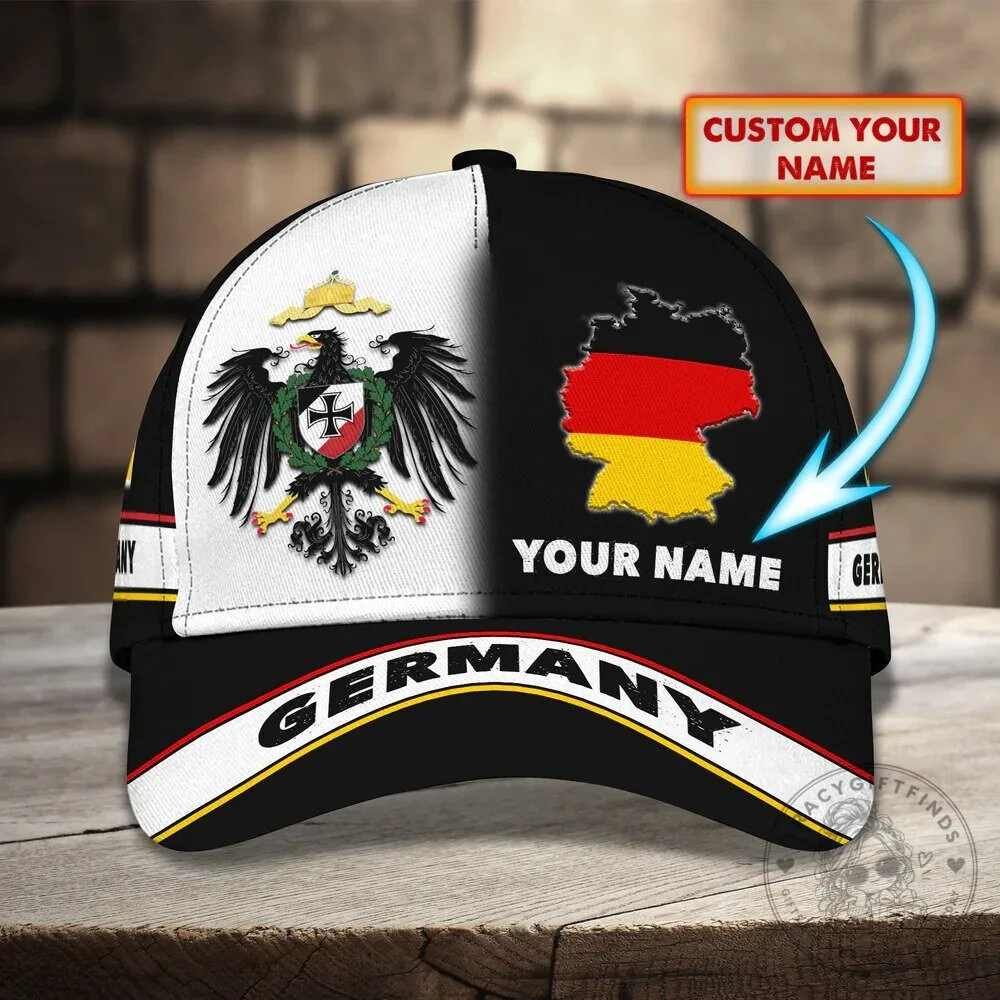 Germany Flag Map and Eagle Custom Name Black and White Baseball Cap Hat