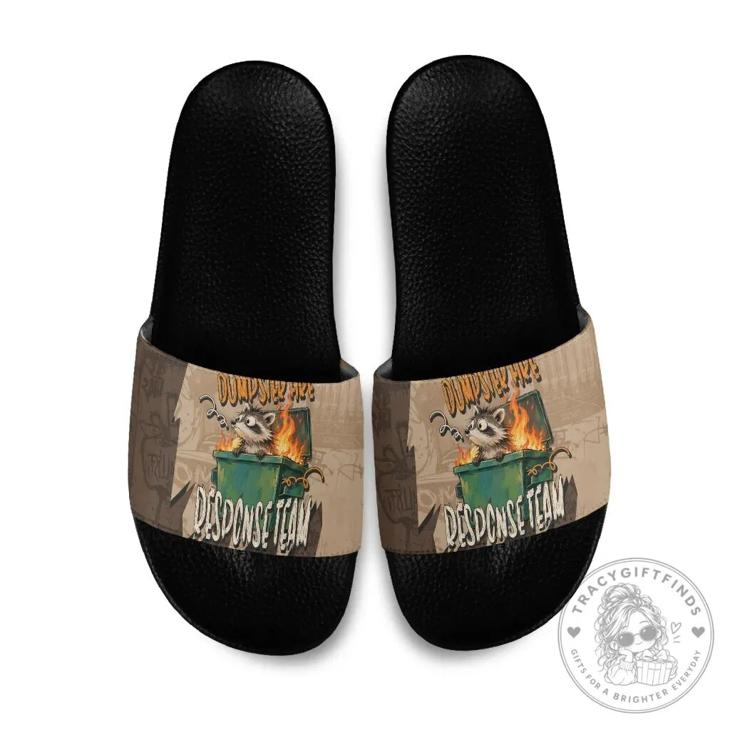 Dumpster Fire Response Team Raccoon Cartoon Vintage Grunge Slide Sandals