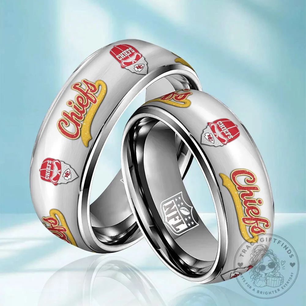 Kansas City Chiefs Football Team Logo and Wordmark Stainless Steel Ring