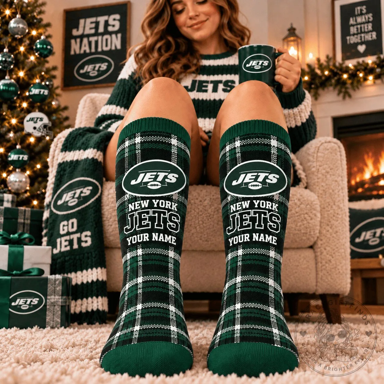 New York Jets NFL Plaid Custom Name Knee High Socks for Fan