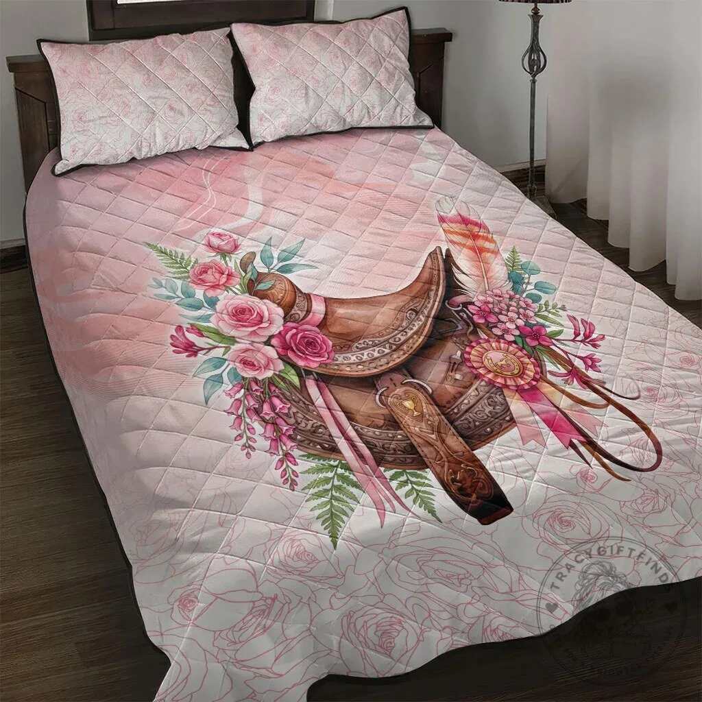 Pink Rose Floral Horse Saddle Quilt Bedding Set with Waxflower and Feathers