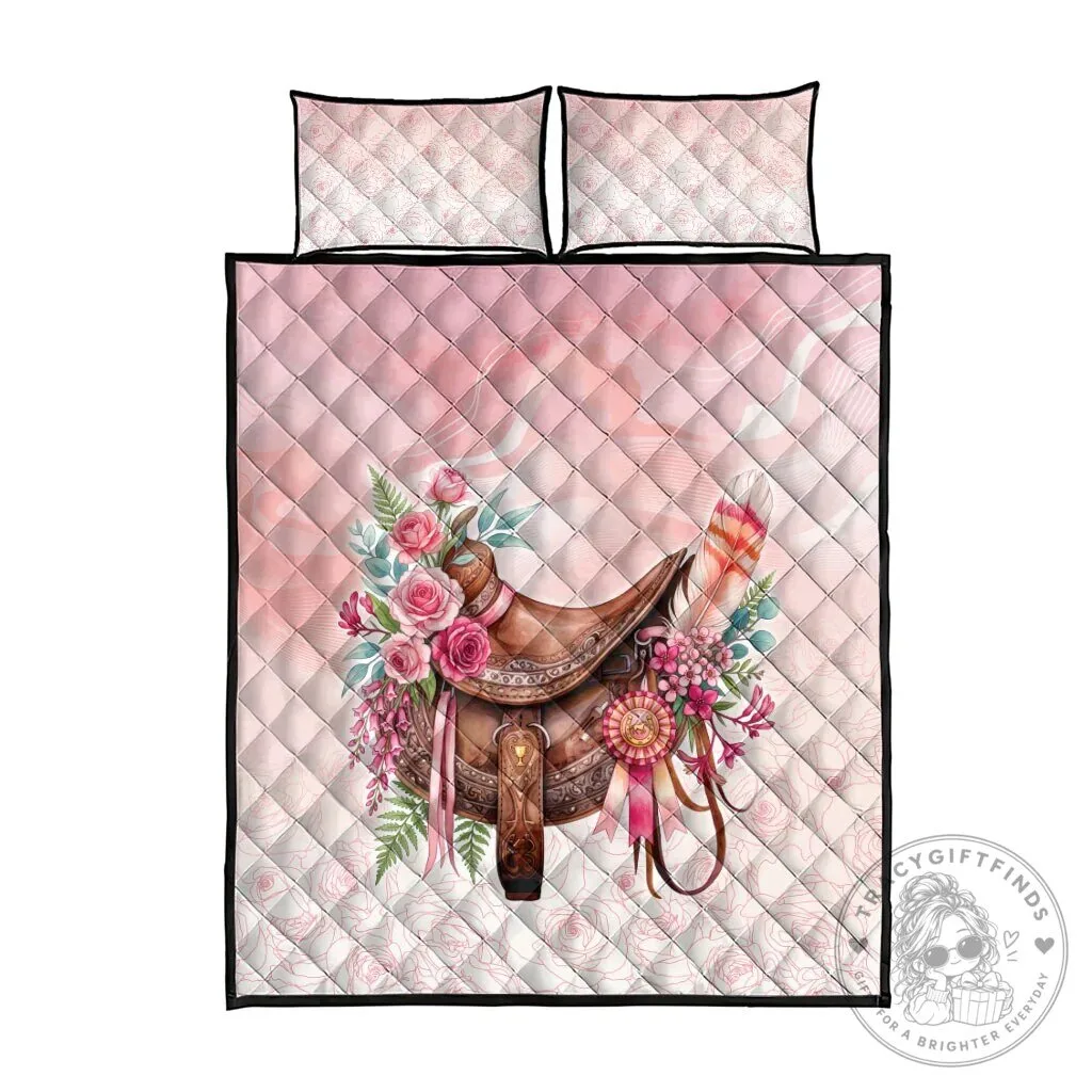 Pink Rose Floral Horse Saddle Quilt Bedding Set with Waxflower and Feathers 8 Pink Rose Floral Horse Saddle Quilt Bedding Set with Waxflower and Feathers