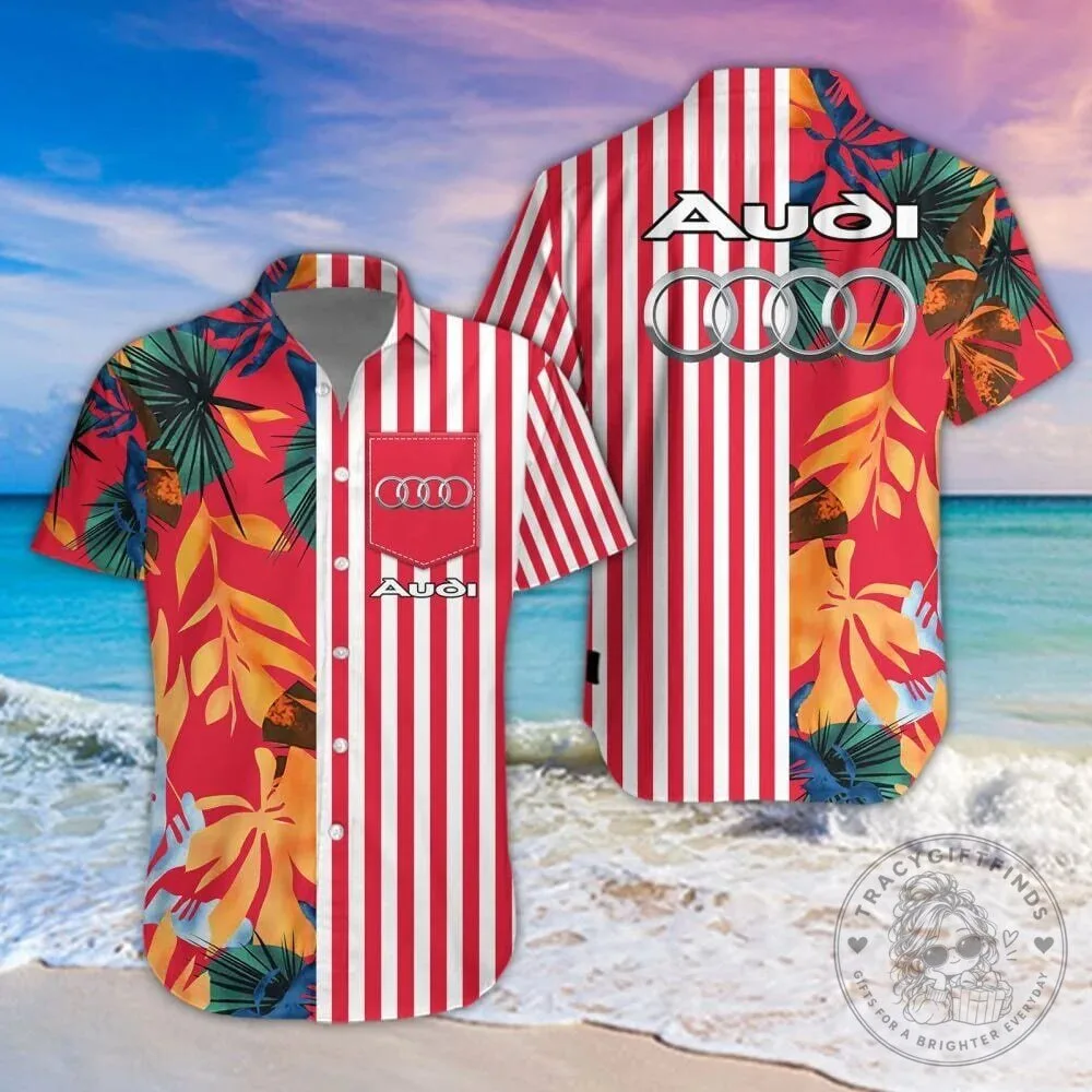 Audi Logo Red Striped Tropical Leaves Summer Hawaiian Shirt