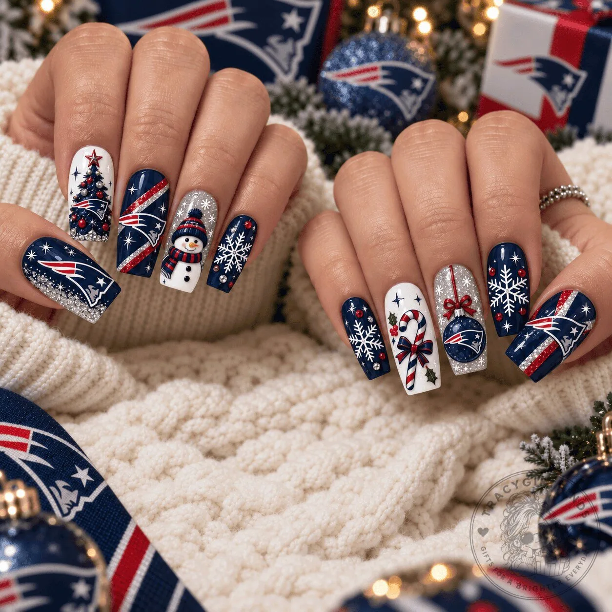 New England Patriots Christmas Spirit NFL Football Press-On Nails Set 1 New England Patriots Christmas Spirit NFL Football Press-On Nails Set