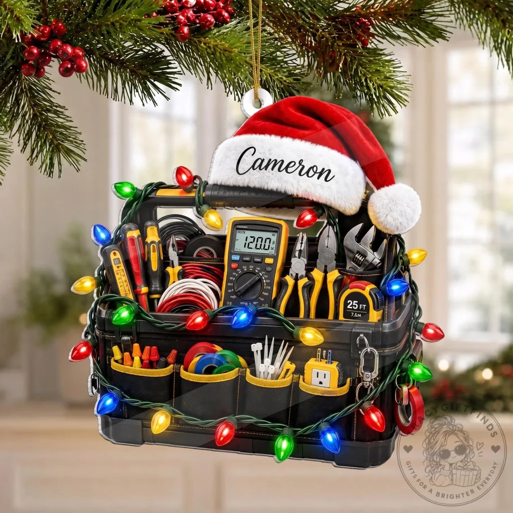 Personalized Electrician Tool Bag Christmas Ornament with Santa Hat and Lights Personalized Electrician Tool Bag Christmas Ornament with Santa Hat and Lights