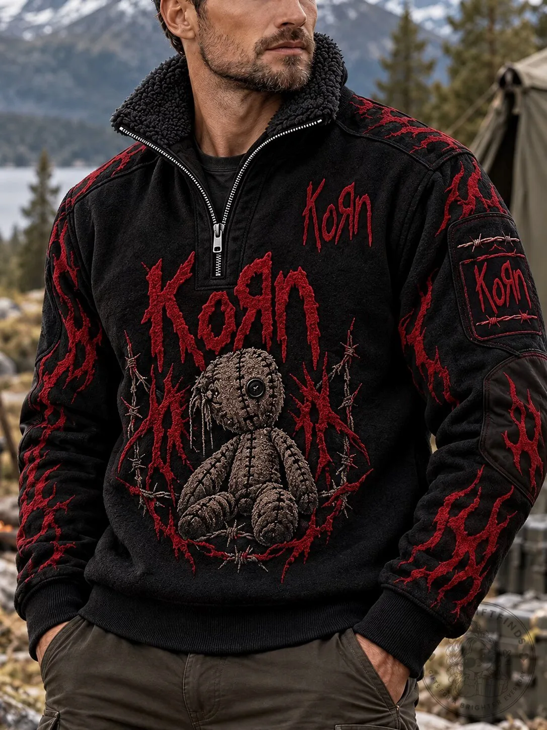 Korn Band Logo Rag Doll Graphic Black Quarter-Zip Fleece Sweatshirt