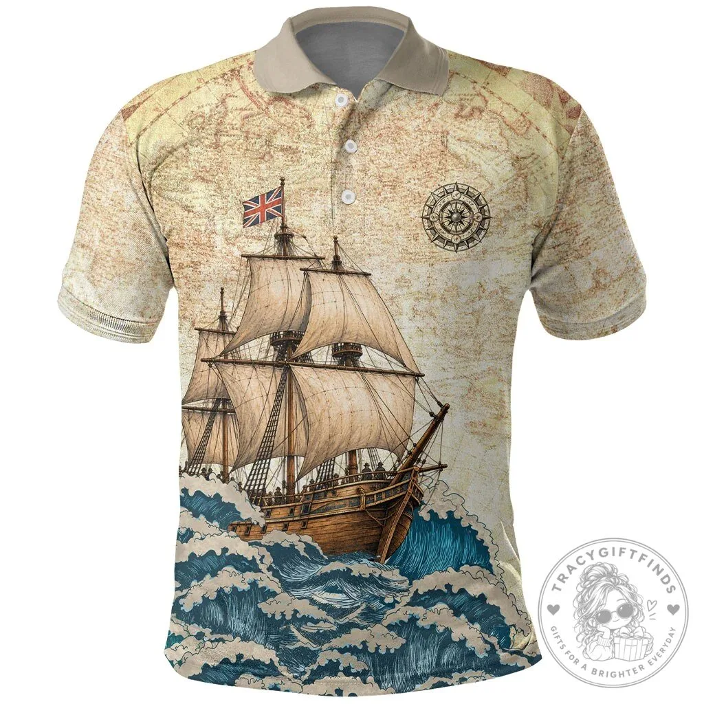 Mayflower Descendant Vintage Nautical Map Ocean Waves Polo Shirt