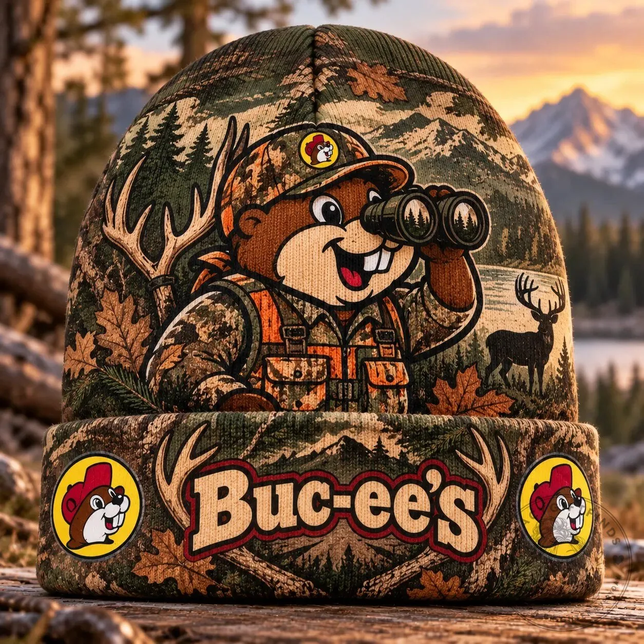 Buc-ee's Woodland Beaver Camouflage Graphic Printed Beanie Hat 6 Buc-ee