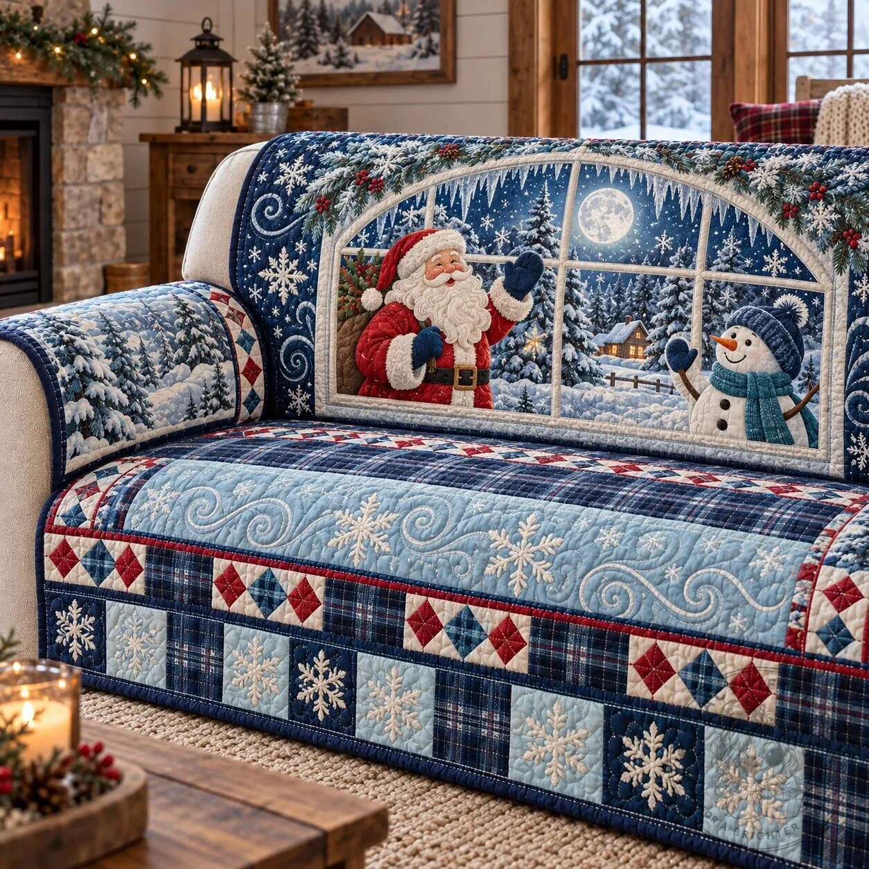 Christmas Santa Claus and Snowman Winter Window Quilted Sofa Cover